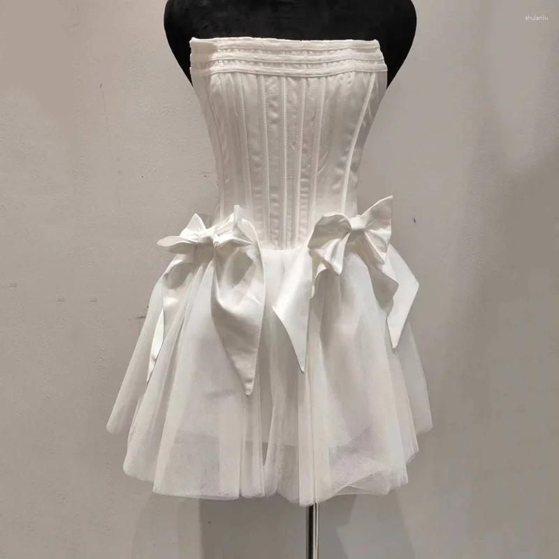 Casual Dresses DEIVE TEGER 2024 Summer Women'S A-Line Sheer Sexy Strapless Tight Mini Ball Dress With Backless Bow Formal Event Party