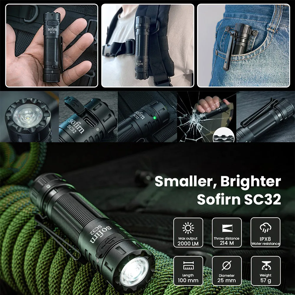 Sofirn SC32 LED Flashlight Max 2000lm USB C Rechargeable Mini Torch Pocket EDC Light Dimmable Lantern with Tail Switch