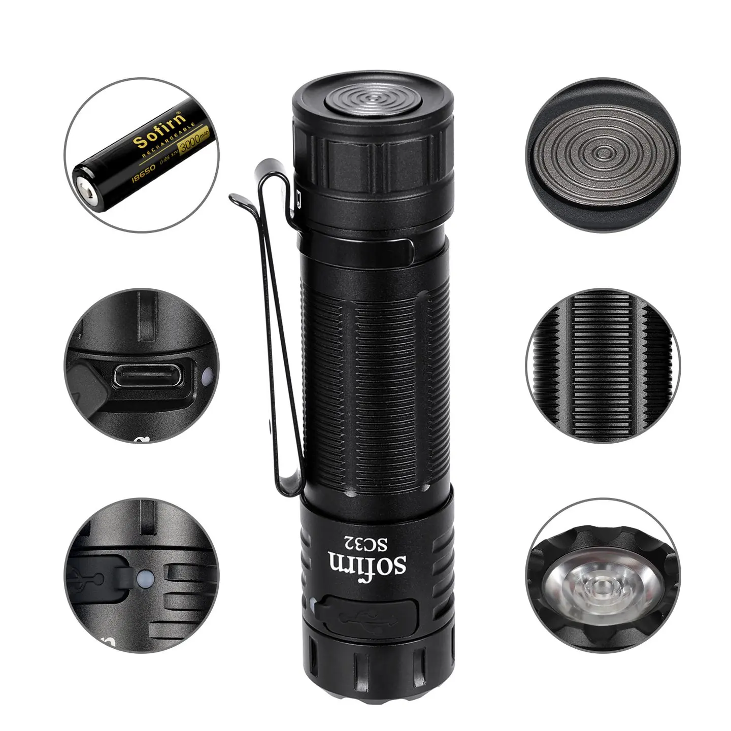 Sofirn SC32 LED Flashlight Max 2000lm USB C Rechargeable Mini Torch Pocket EDC Light Dimmable Lantern with Tail Switch