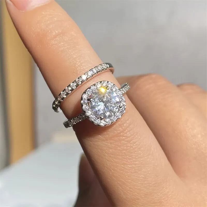 2pcs Luxury Geometric Big Clear AAA CZ Cubic Zirconia Decor Silver Color Ring For Women Multipack Wedding Jewelry Gift