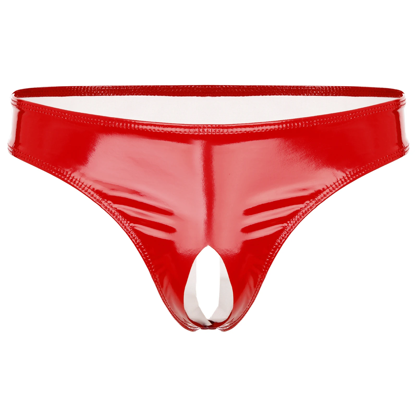 Mens Wet Look Briefs Patent Leather Open Crotch Thong Low Rise High Cut Mini Briefs Underwear Clubwear Stage Performance Costume