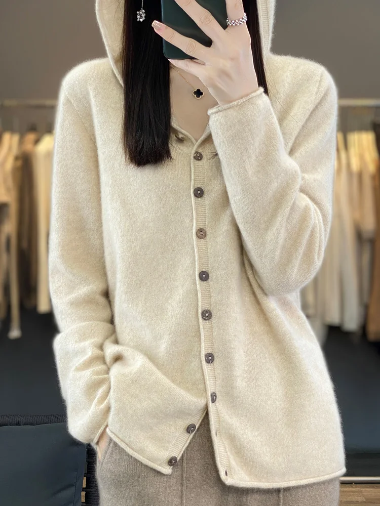 Aliselect Spring Autumn Female 100% Merino Wool Sweater Women Knitted Gingrich Cardigan Knitwear Loose Hoodie Clothing Tops