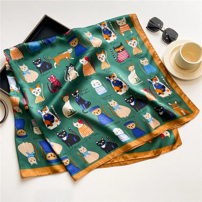 110*110cm Luxury Brand Silk Square Cat Scarf Women Satin Neck Hair Tie Soft Work Neckerchife Hijab Head Female Foulard Bandana
