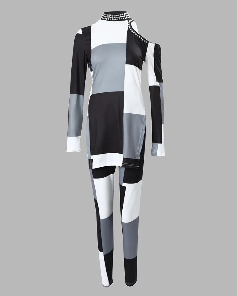 2025 Geo Print Split Hem Cold Shoulder Top & Pants Set Women 2pcs Clothes Suit Spring Summer Plaid Hollow Out Top new Pencil Pants