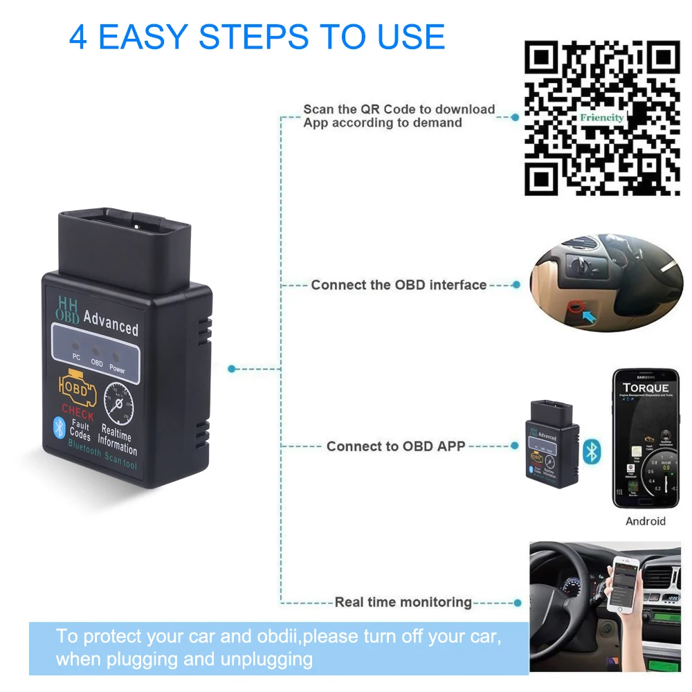 Portable Car OBD2 Scanner Bluetooth Elm327 Auto Diagnostic Tool V1.5/V2.1 OBDII Scanner Code Reader Tool Car Engine Check