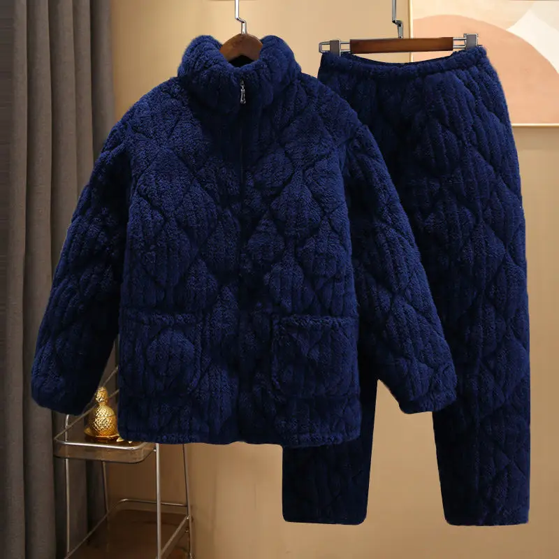 2023 New Autumn Winter Style Coral Velvet Men Stand Collar Pajamas Three-layer Quilted Thickened Flannel Home Clothes Warm Suit