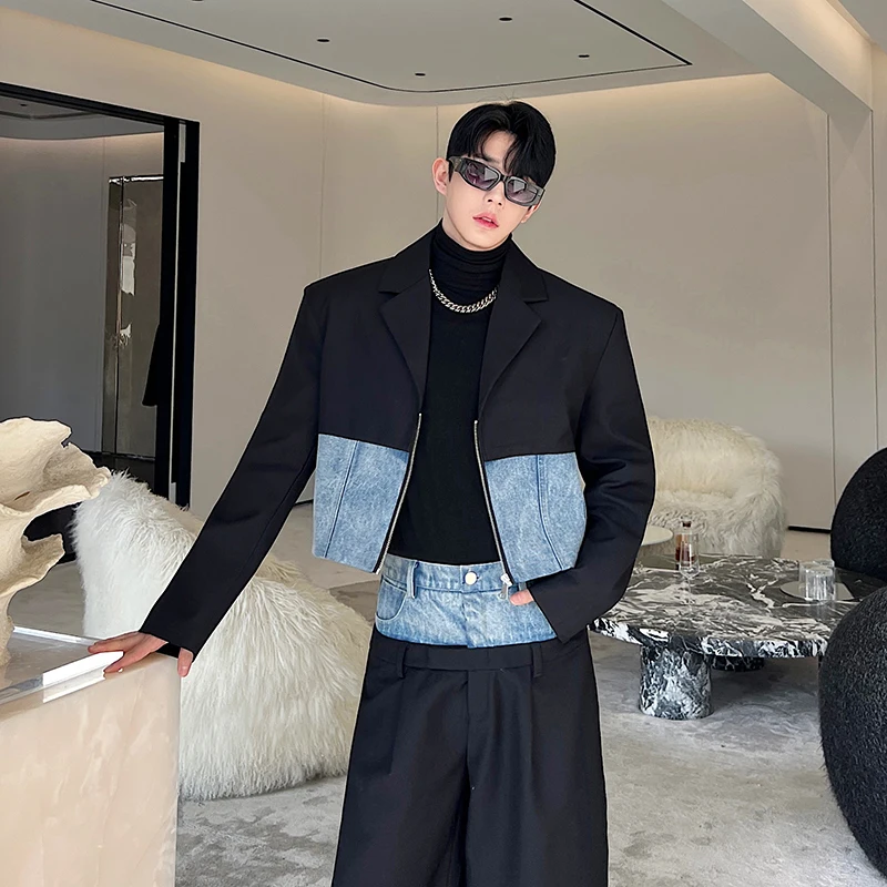 NOYMEI Two Denim Pieces Set Patchwork Men's Short Zipper Blazer Straight Wide Leg Casual Suit Pants Autumn 2024 New Chic WA2922