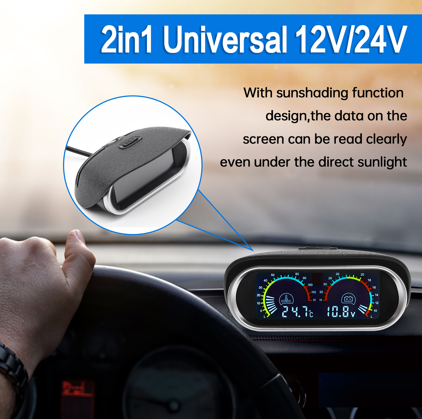 Digital Horizontal 2 in 1 LCD Water Temperature Voltmeter Volt Gauge With 10mm 1/8NPT Temp Sensor For 12V/24V Car Truck