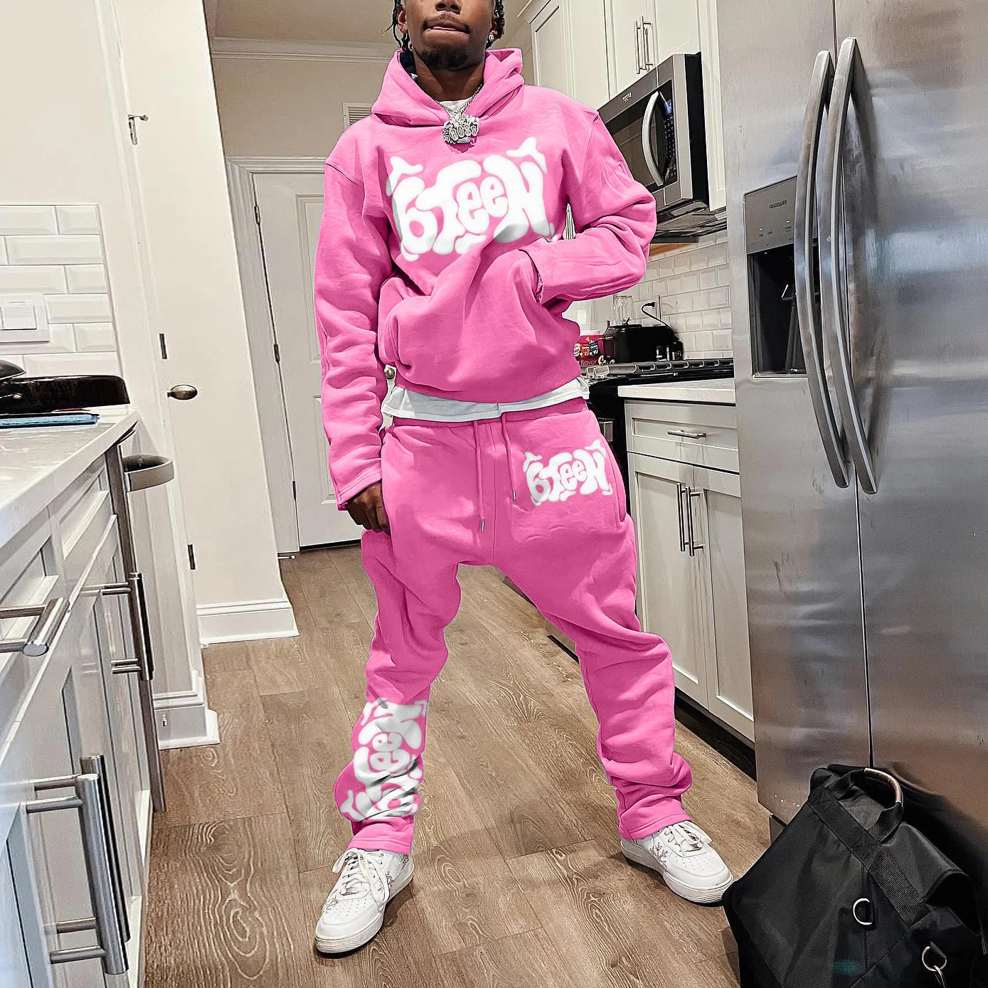 Mens Autumn Winter Hoodie Suit Twopiece 3D Printed Sportswear Casual Bell Pants Set Y2k Streetwear Clothing 240320