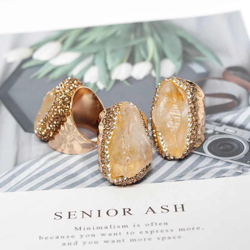 Irregular Citrine Open Ring for Women Micro Inlay Adjustable Reiki Natural Stone Finger Jewelry - view 3