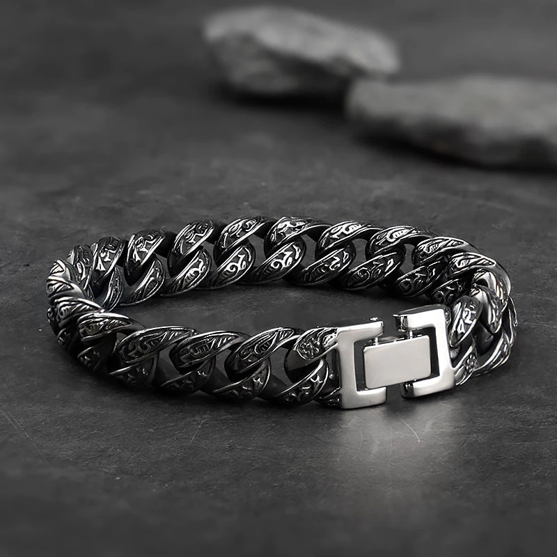 Men's Personality Bracelet Vintage Pattern Dark Cold Wind Engraved Antique Silver Color Bracelet for Men Punk Party Jewelry Gift