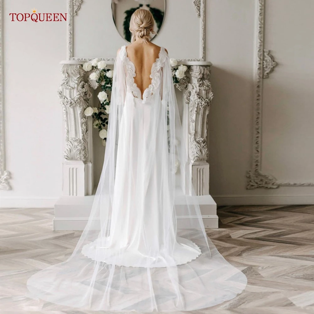 TOPQUEEN VG85 Long Bridal Veil Neck Cape Wedding Shawls 2025 new Lace Jackets for Wedding Dresses Women Cape Veil Wedding Jacket Wrap DIY