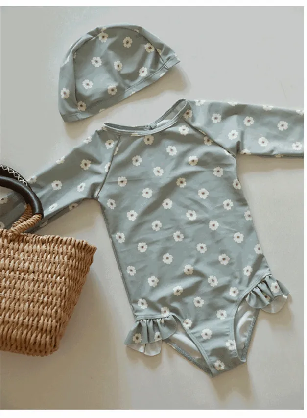 deer jonmi 2023 Summer Toddlers Girls Printed Swimwear Ruffles Long Sleeve Sun-proof Beach Bikini Kids Swimsuits