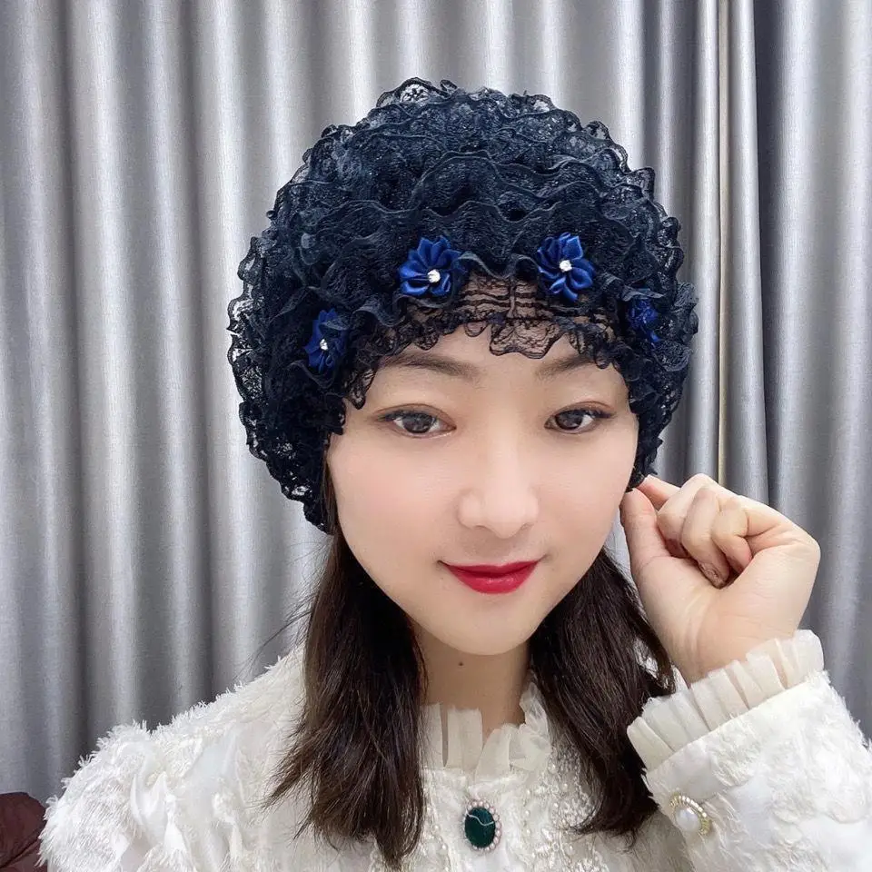 Summer Breathable Lace Mesh Turban Muslim Flower Hijab Headscarf Cap Headband Wrap Bonnet Hats Women's Headwear