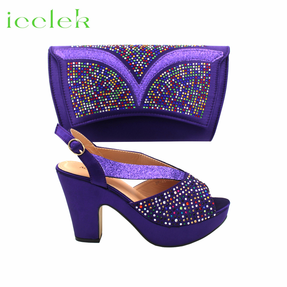 Purple Color 2023 New Design African Women Shoes and Bag Set Peep Toe with Shinning Crystal for Wedding Party