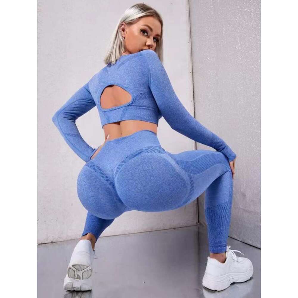 Yoga Outdoor Bottom Fiess Peach Hip Hollow Tight Long Sleeved Pants Sports Two Piece Set