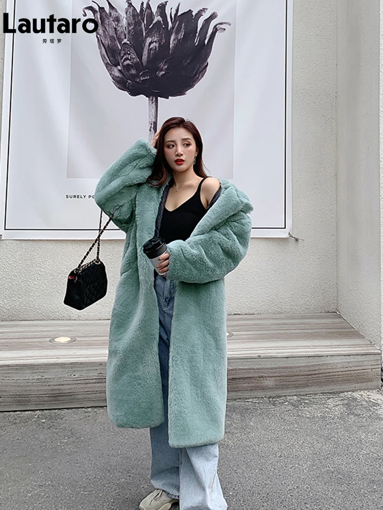 Lautaro Winter Long Loose Casual Windproof Soft Thick Warm Fluffy Green Black Faux Fur new 2025 Coat Women with Hood Furry Overcoat 2023