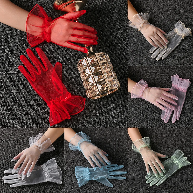 1 new Pairs Transparent Gauze Full Finger Gloves 2025 Ultra Thin Stretchy Short Tulle Gloves Wedding Elastic Lotus Leaf Sheer Mittens