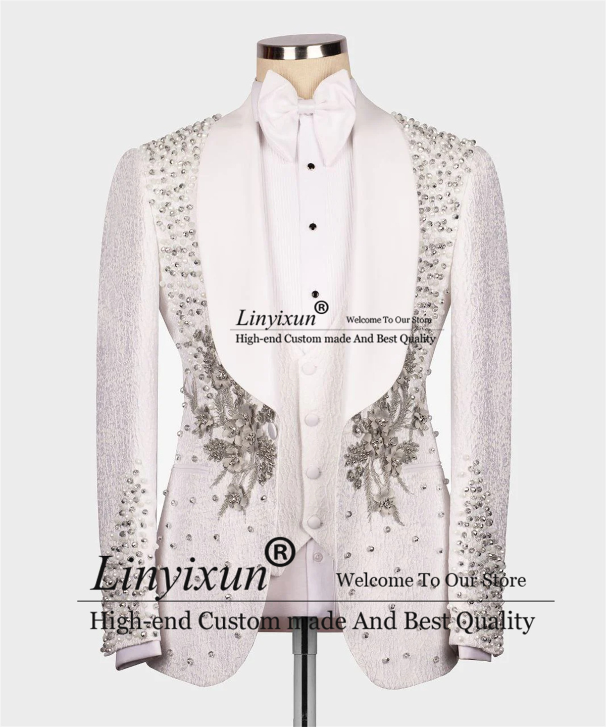 Luxury Beaded White Wedding Suits For Men Peaked Lapel Groom Tuxedos Appliques Slim Fit 3 Pieces Sets Male Prom Party Blazers