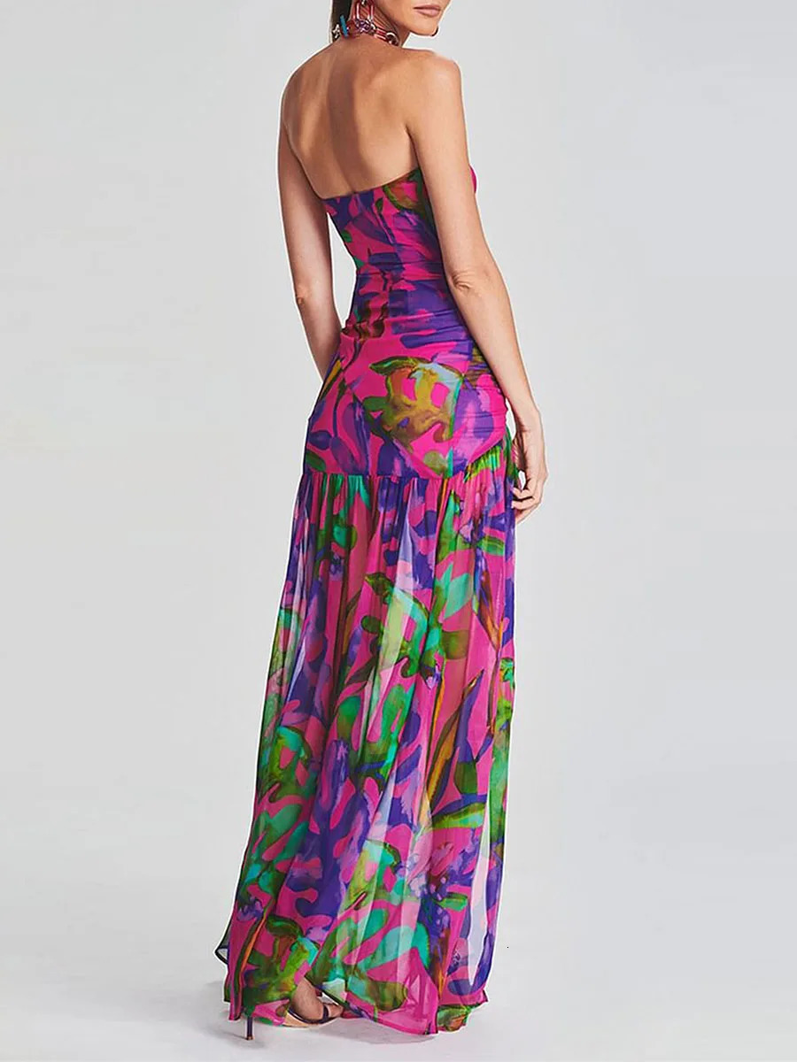 Women Summer Evening Party Tube Dress Leopard Print Strapless Backless High Slit Long Y2k Mesh Patchwork Cocktail Dresses 240329