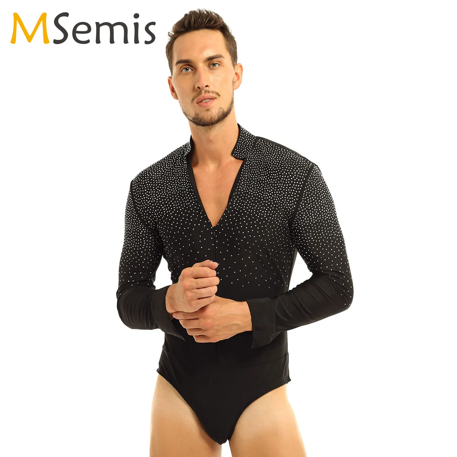 Men Latin Tango Rumba Dance Shirt Gymnastics Leotard Bodysuit Rhinestones Ballroom Dancewear Shirt Top Halloween Costume Outfit