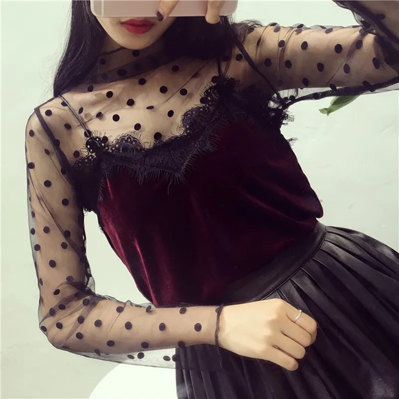 Women Mesh Long Sleeve Tops Hot Sexy new Transparent High Neck Black Lace Bottoming Shirts Punk Chic T 2025 Shirt Women