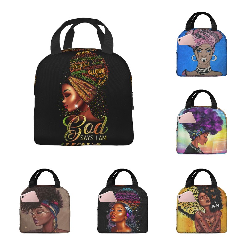 Black Queen African American Girl Lunch Bag Tote Meal Bag Reusable Insulated Portable Afro Black Girl Lunch Box Handbags Women