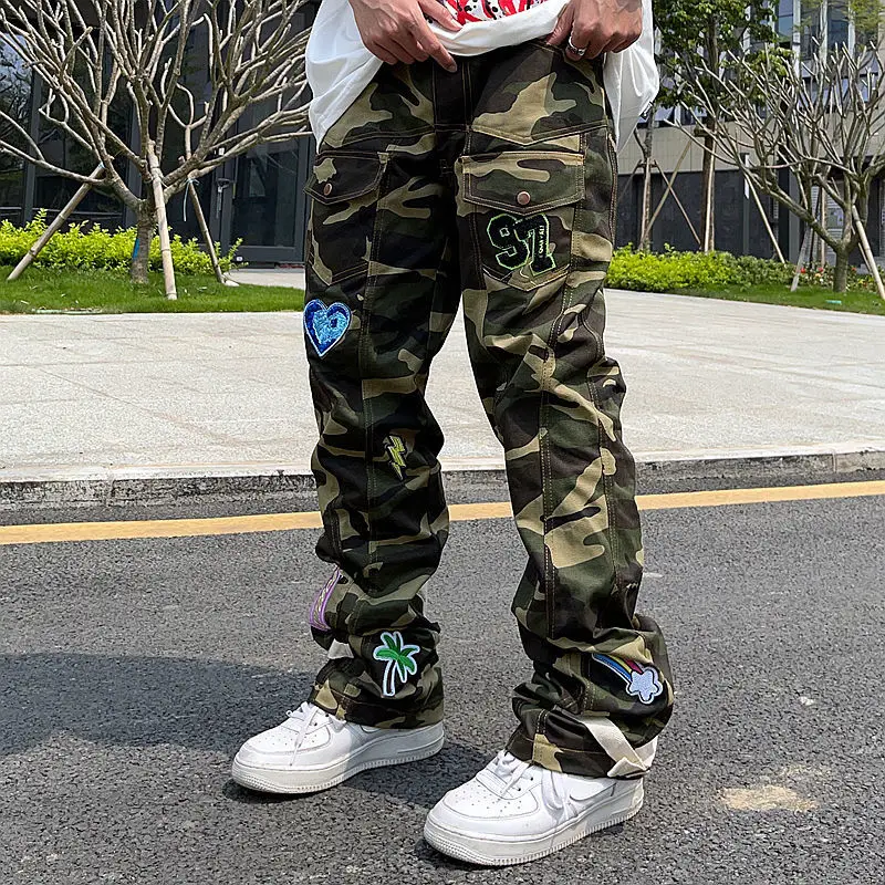 High Street Camouflage Patch Embroidered Jeans 2025 Men's Tide Brand American Street Hip-Hop Loose Straight Casual new Overalls Trendy