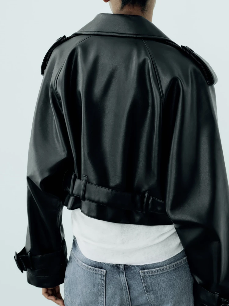 RR3191 Short Oversized Leather new Effect Trench Coats Fake Leather Cropped Short Jackets 2025 Ladies Long Sleeve Loose Women Coa