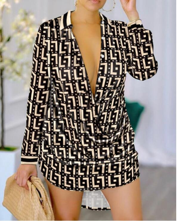 Sexy Geometric Printing Deep V Tops Women Bodycon Pleated t Shirts Lady Party Long Sleeves Slim Blouse dress Clothes