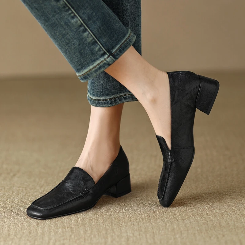 Spring/Autumn NEW Loafers Square Toe Chunky Heel Elegant Genuine Leather Shoes for Retro Sheepskin Women Pumps 932d