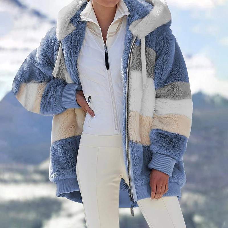 American Style Women's Overcoat Contrast Colors Autumn Winter Loose Casual Lint Thermal Overcoat Zipper Hooded
