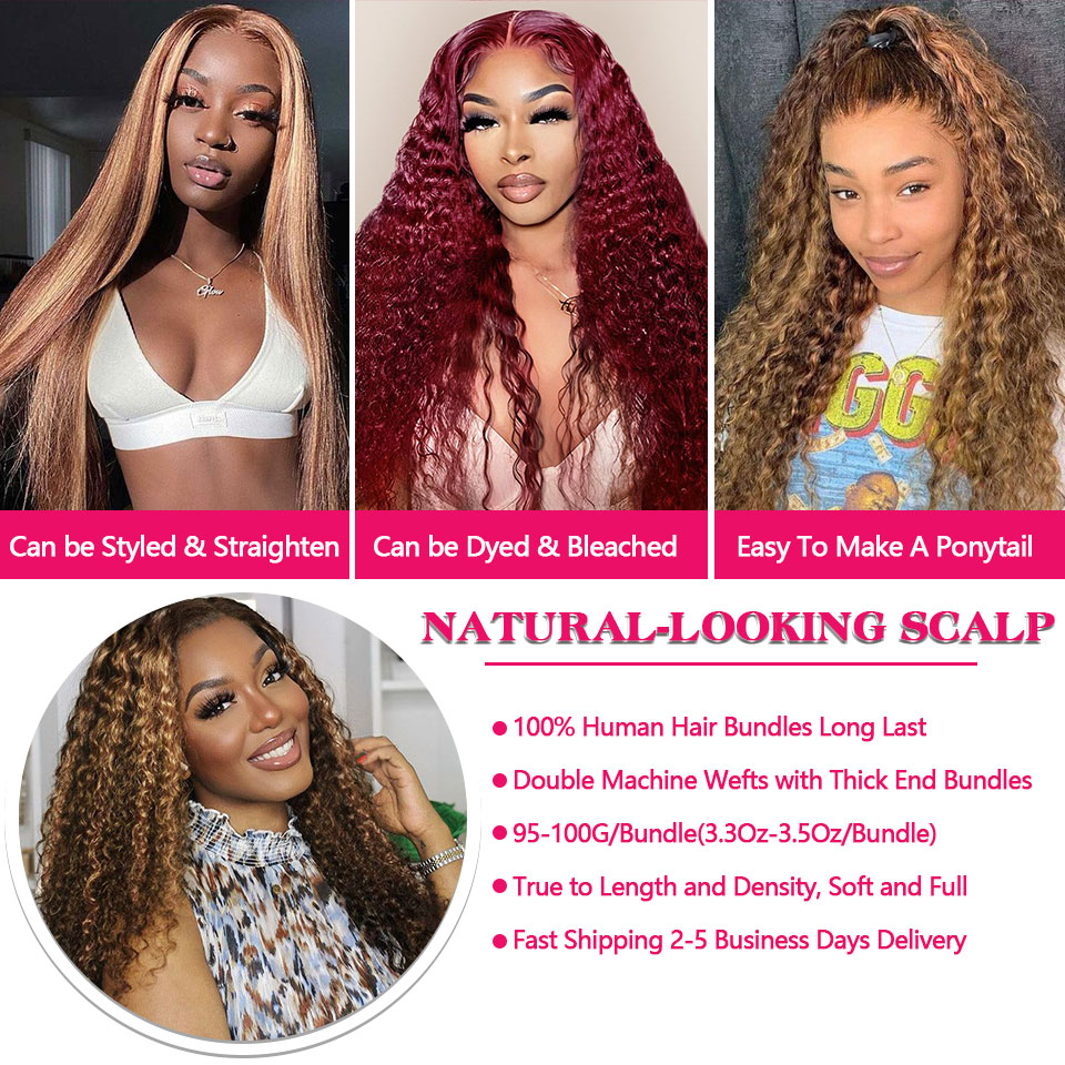 Luduna Bundles Human Hair Highlight Deep Wave Bundles Peruvian Human Hair Ombre Blonde Curly Bundles Hair Weave Extensions 30In 5cb7f