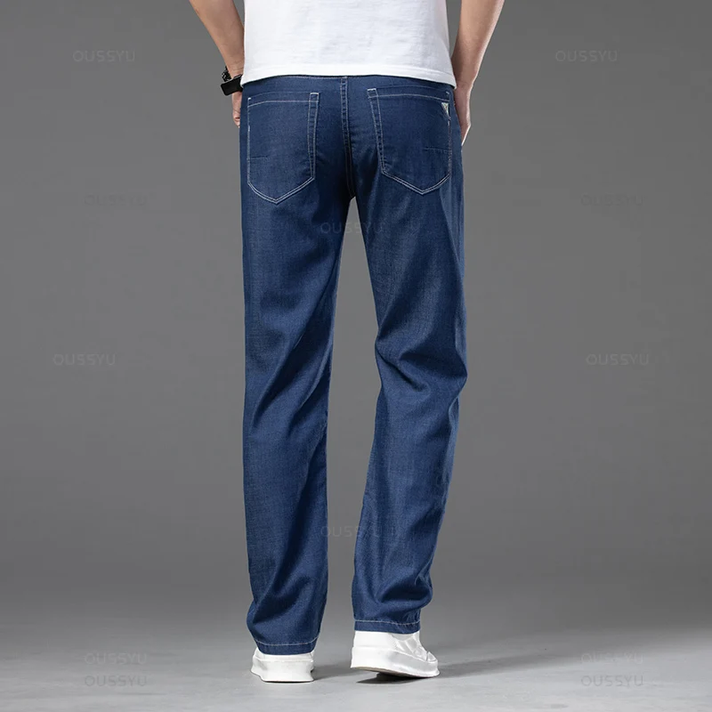 2024 New Summer Lyocell Baggy Men's Jeans Elastic Waist Thin Straight 2025 new Denim Pants Dark Blue Classic Trousers Plus Size 40 42