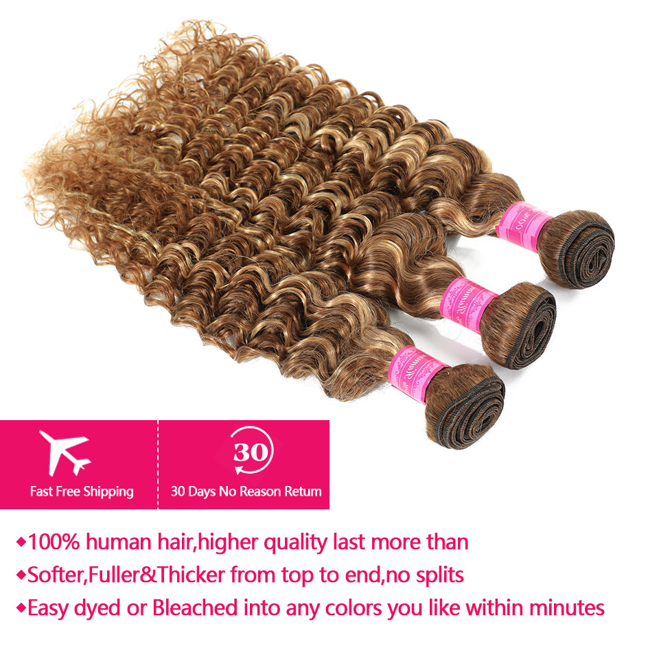 Luduna Bundles Human Hair Highlight Deep Wave Bundles Peruvian Human Hair Ombre Blonde Curly Bundles Hair Weave Extensions 30In 5cb7f