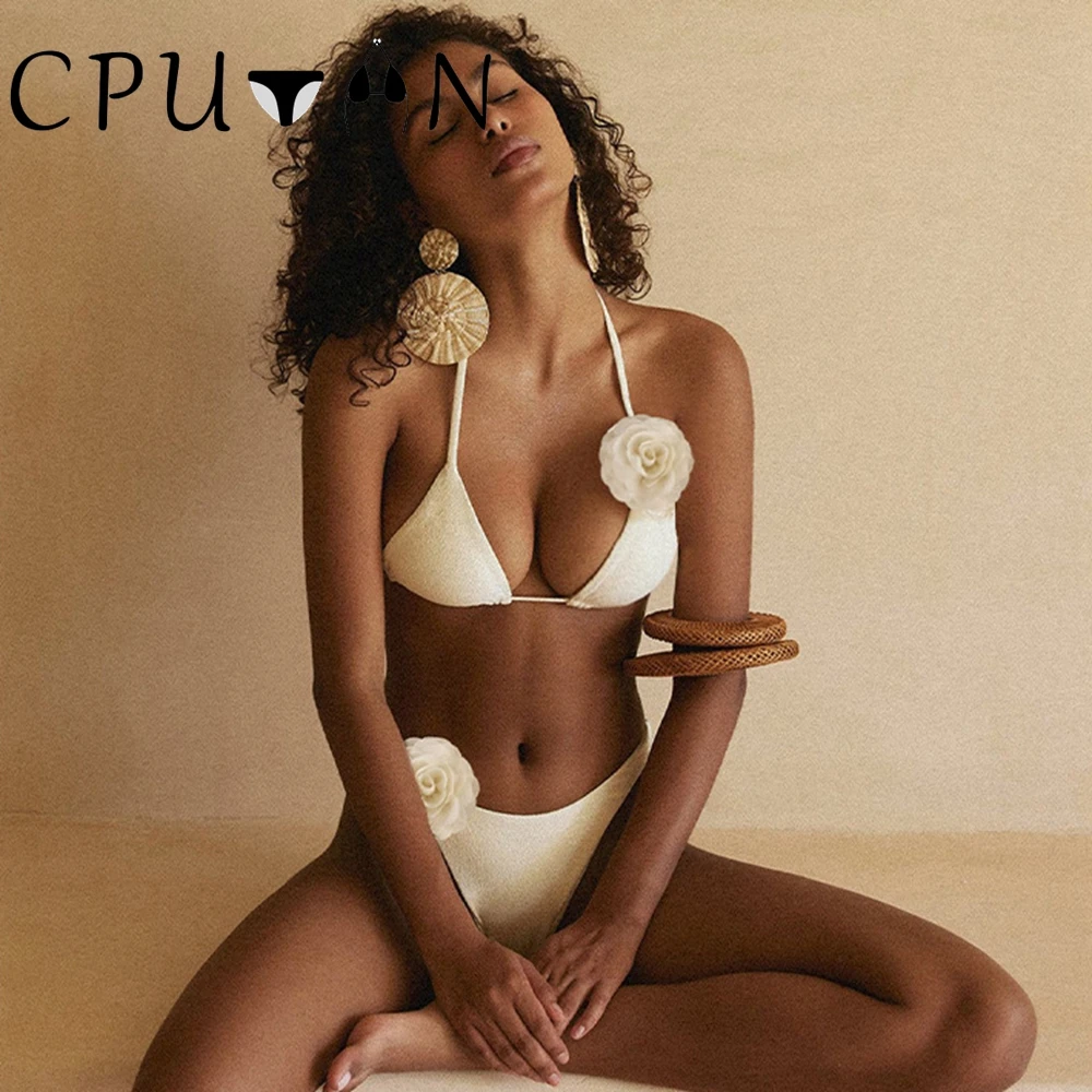 CPUTAN 2024 Sexy White 3D Flower Solid Two Piece Push Up Bikini Set Luxury Swimwear Women Swimsuit Beachwear Summer Bathing Suit
