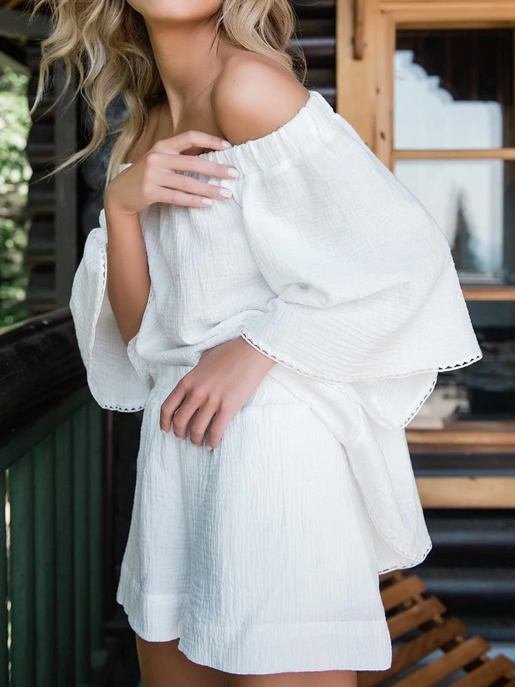 2025 Linad Off new Shoulder Women's Nightwear Sexy 2 Piece Sets Lace Sleepwear Female Casual Suits With Shorts Loose Pamas Spring 2023