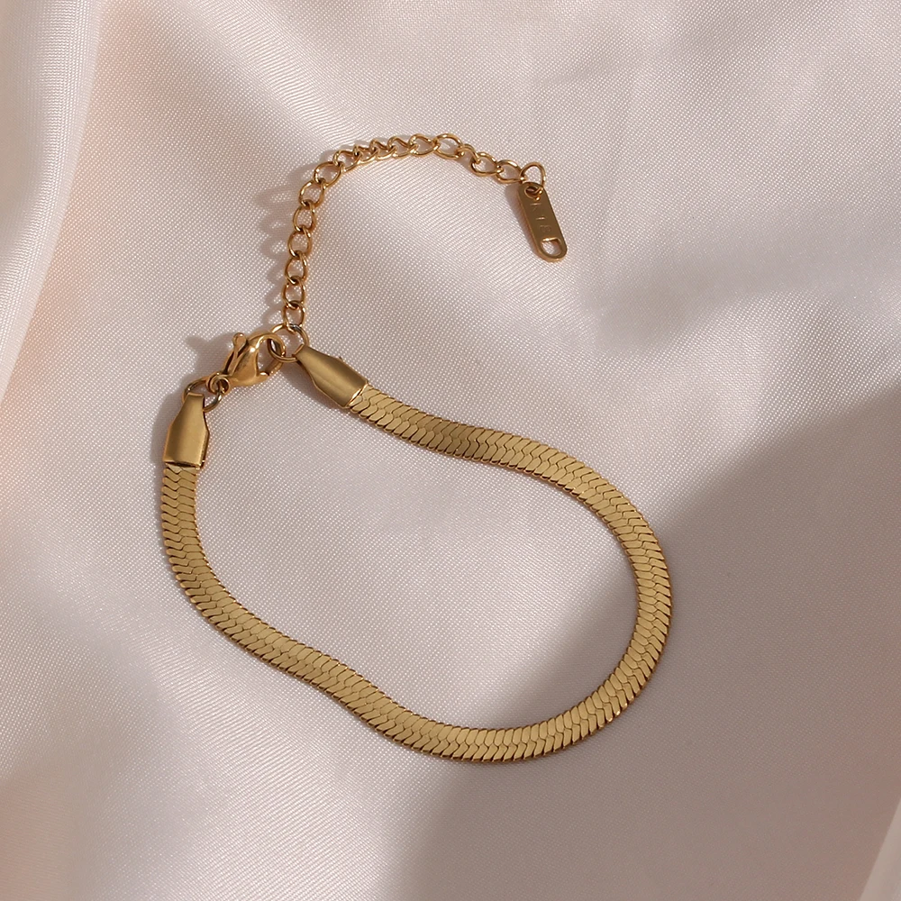 Tarnish Free Steel 18k Gold Plated Flat Snake Chain Bracelets Bangles For Women Herringbone Chain Accessories Jewelry Gift