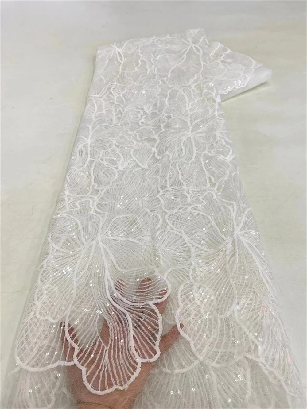 White African Tulle Lace Fabric With Sequins Nigerian French Milk Silk Lace Fabric 5 Yards For Diy Sewing Wedding Party