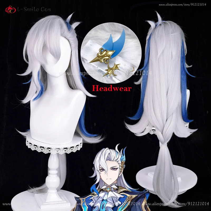 Fontaine Cosplay Neuvillette Cosplay Wig Long Silver White Blue Wig Heat Resistant Synthetic Anime Wigs + Wig Cap