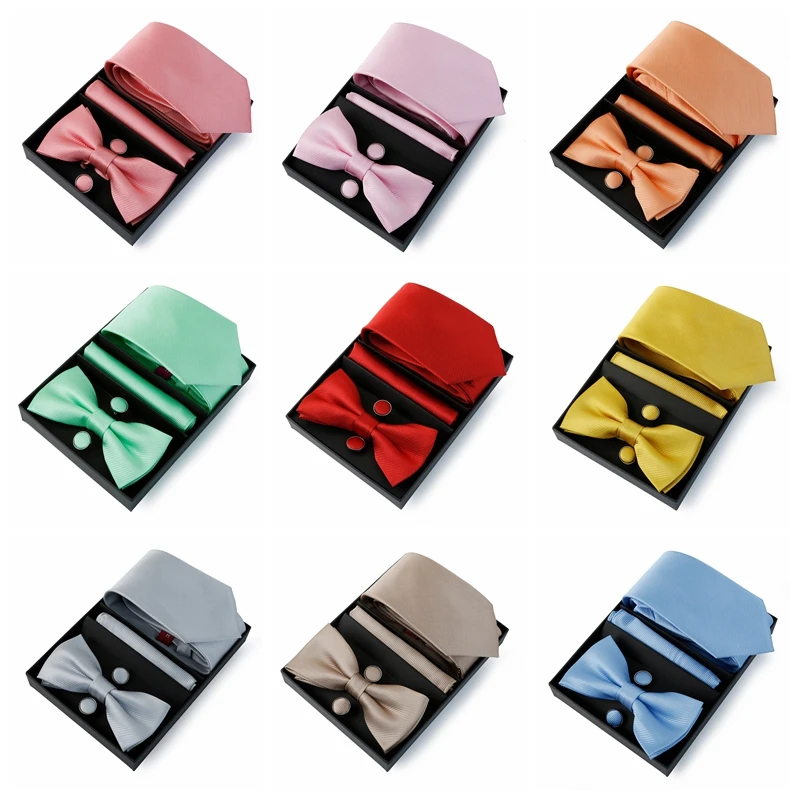 Tie Set For Men Necktie 7.5cm new Solid Color Necktie For Men Suit Bowtie Pocket Square Cufflinks Bow 2025 Tie Wedding Gift Cravat