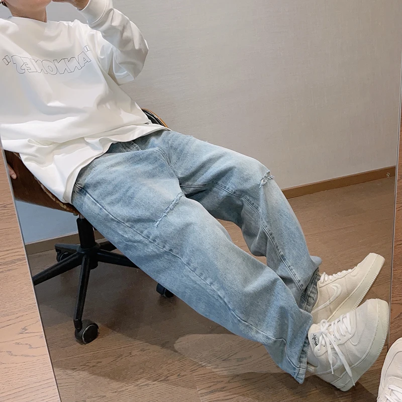 Korean Hip Hop Ripped Baggy Jeans Men Clothing Japanese Streetwear Straight-Leg Denim Cargo Pants Harajuku Casual Trousers Male