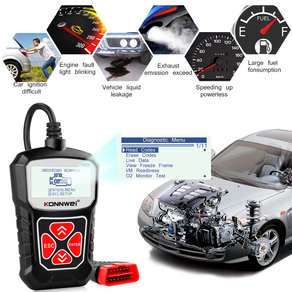 KONNWEI KW310 Car OBD2 Scanner Engine check Read and Clear Fault Code EOBD Car Diagnostic Tools PK ELM327