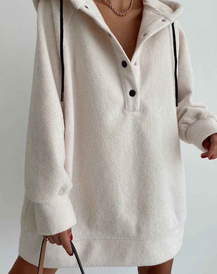 Woman Hooded Shirt Autumn Fashion Polar Fleece Loose Daily Casual Button Long Sleeve Drawstring Pullovers Sweatshirt 240318