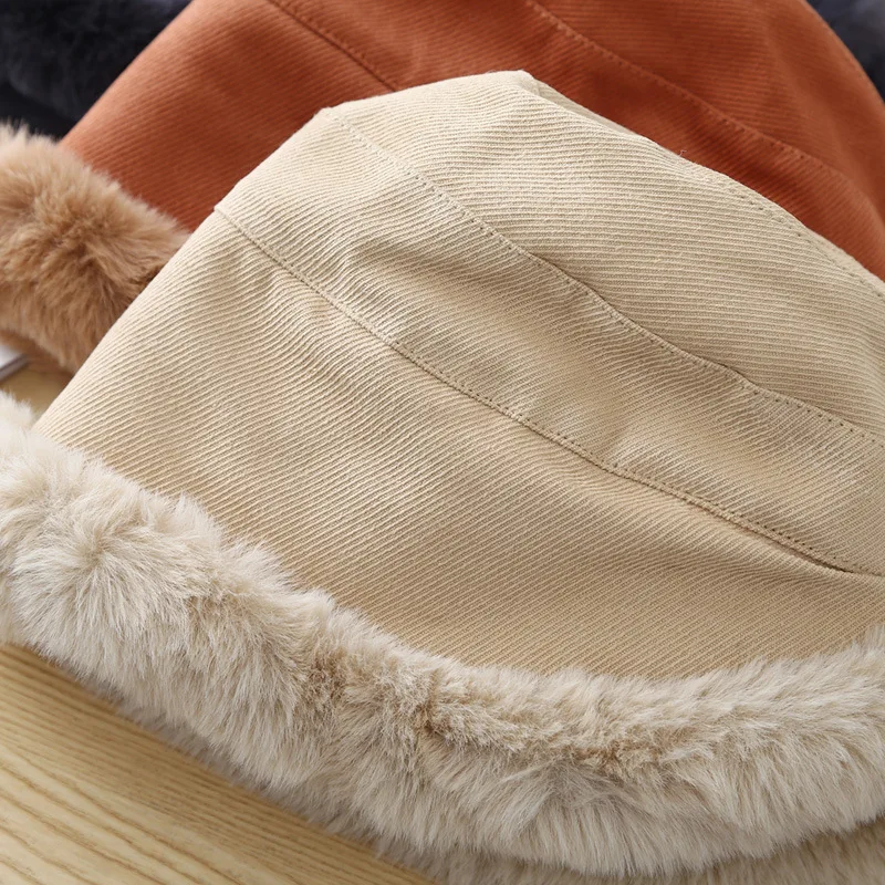 Winter Women Fisherman Cap Thick Fluffy Fur Panama Basin Cap Solid Color Plush Bucket Hat Windproof Warm Female Bonnet Visors