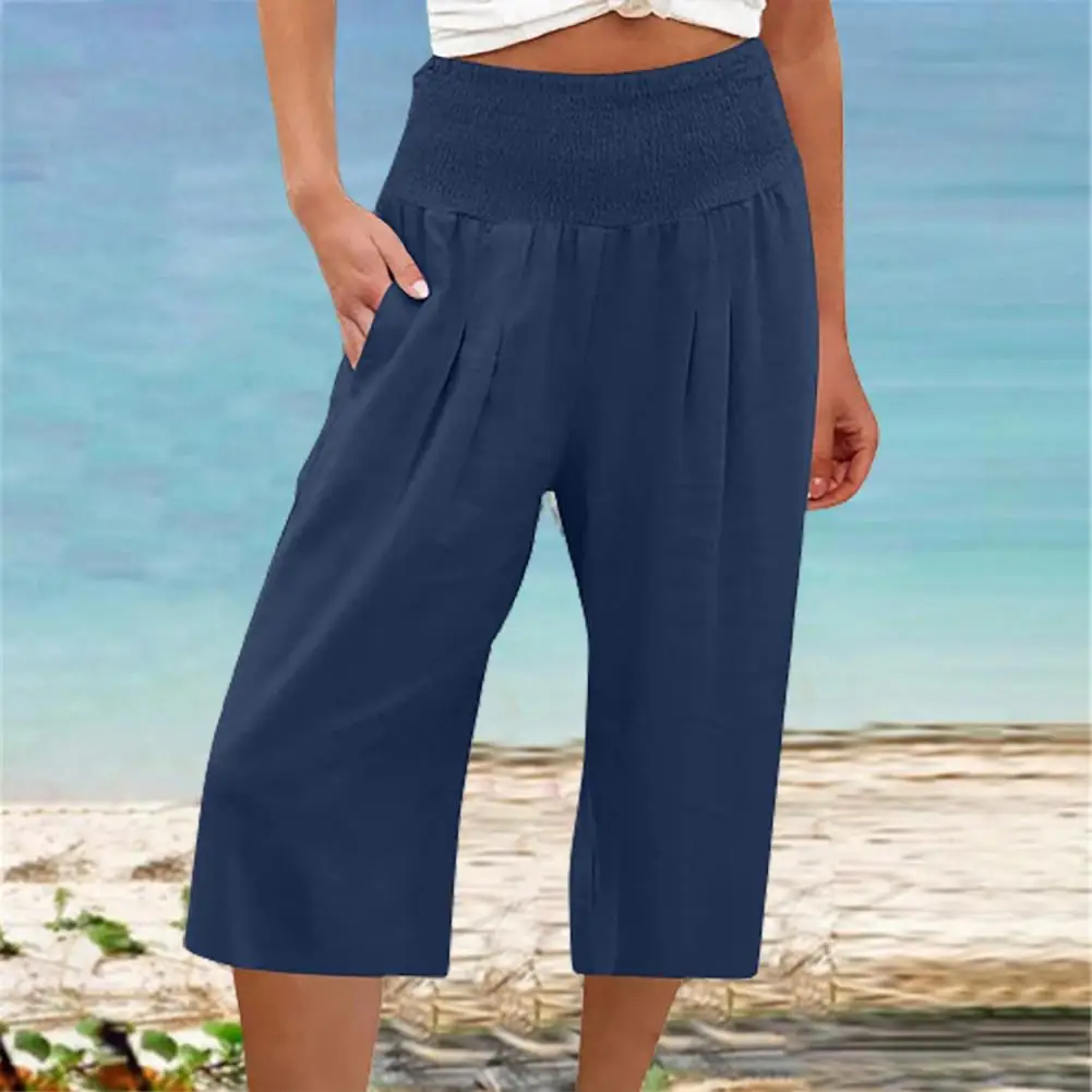 Women Summer Pants Solid Color Elastic Waist Wide Band Loose Breathable Mid-calf Length High Waist Women Cropped Pants