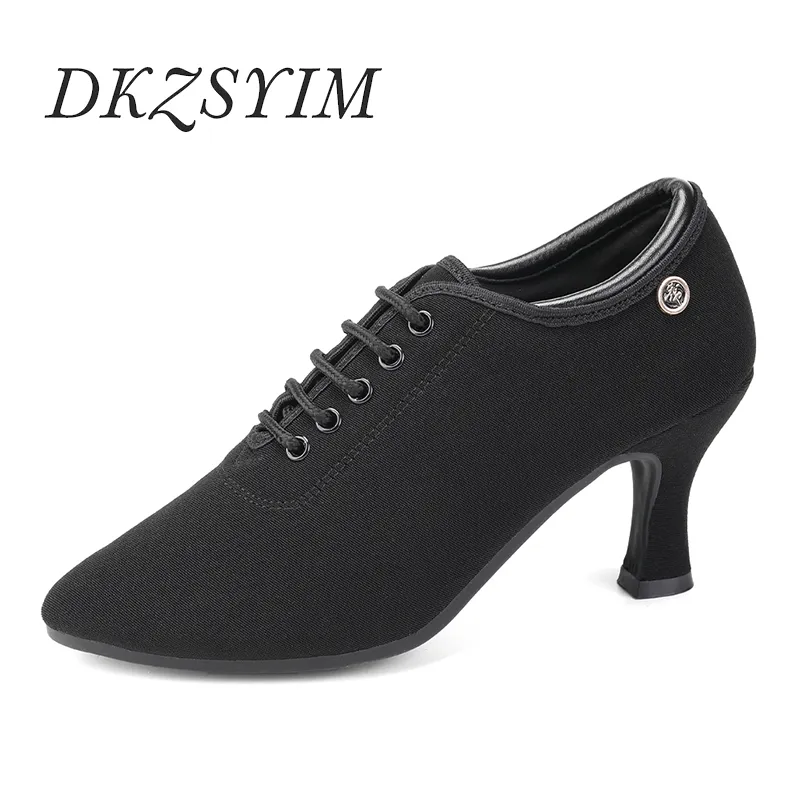 DKZSYIM Women Latin Dance Shoes Black Oxford-cloth Tango new Dancing Shoes Ballroom 2025 Salsa Dance Shoe Colse Toe High Heel 5/7.5CM