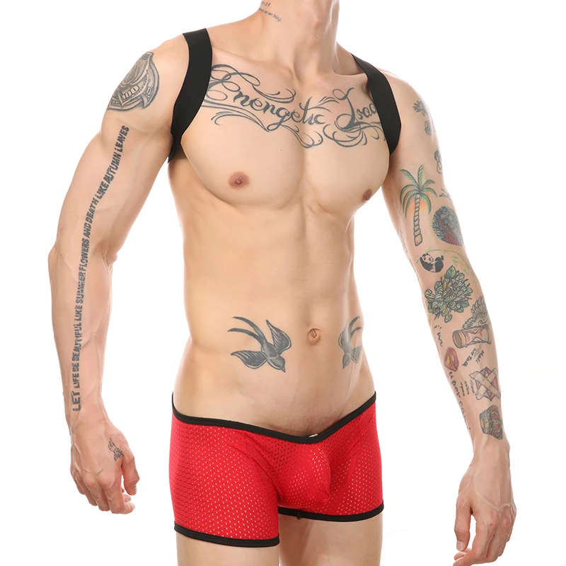 CLEVER-MENMODE Men's Sexy Openwork Mesh Boxer Shorts Jumpsuit Elastic Strap Body Tights Lingerie Sissy Bondage Costume Adult 18+