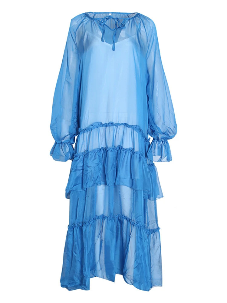 CHICEVER Spring Patchwork Ruffles Womens Dresses V Neck Petal Sleeve Loose Perspective Holiday Dress Fashion Clothes 240319