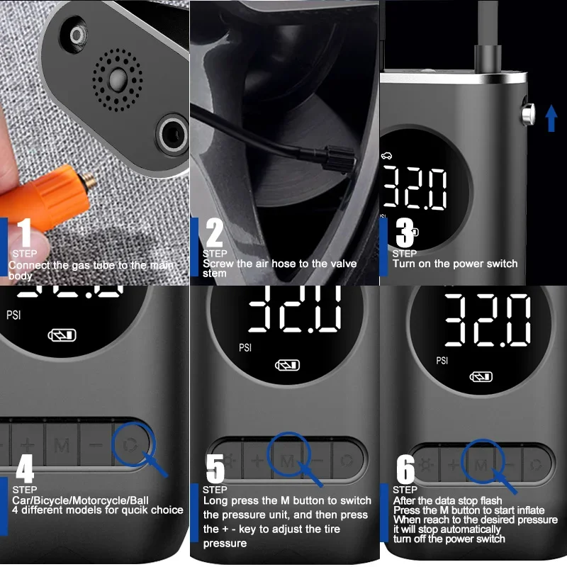 Air Pump Mini Portable for Inflate Cars Motorcycles Bicycles Yachts Basketball Car Electrical LED Smart Digital Inflator 4000mAh